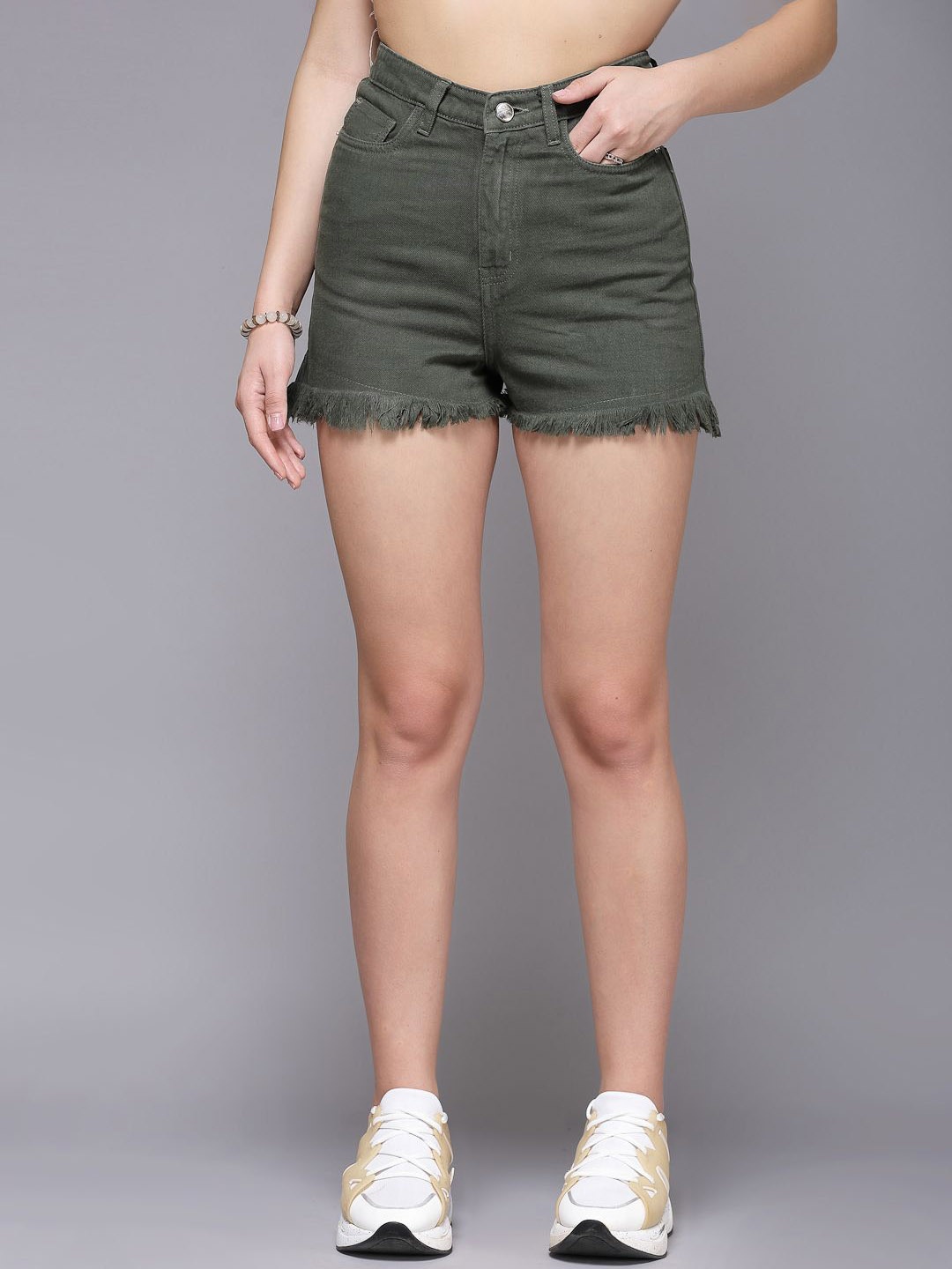 

COSMIC TRIO Women High-Rise Denim Shorts, Olive