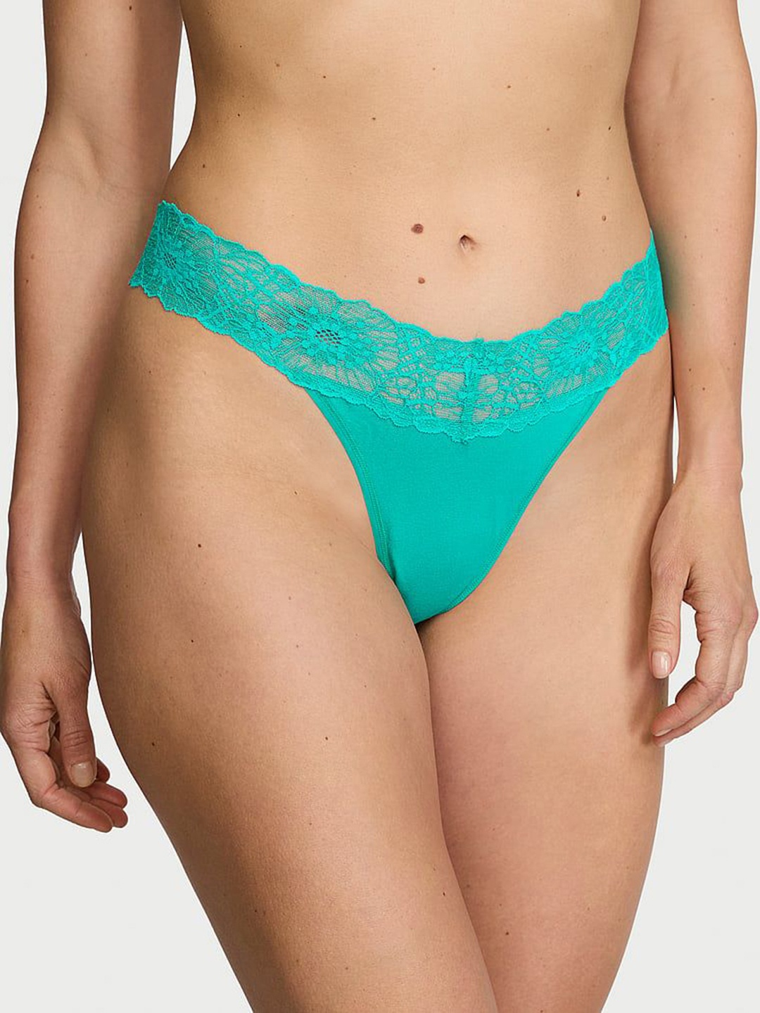 

Victoria's Secret Self Design Lacie Lace-Waist Cotton Low Rise Thong Brief 112460144CBF, Blue