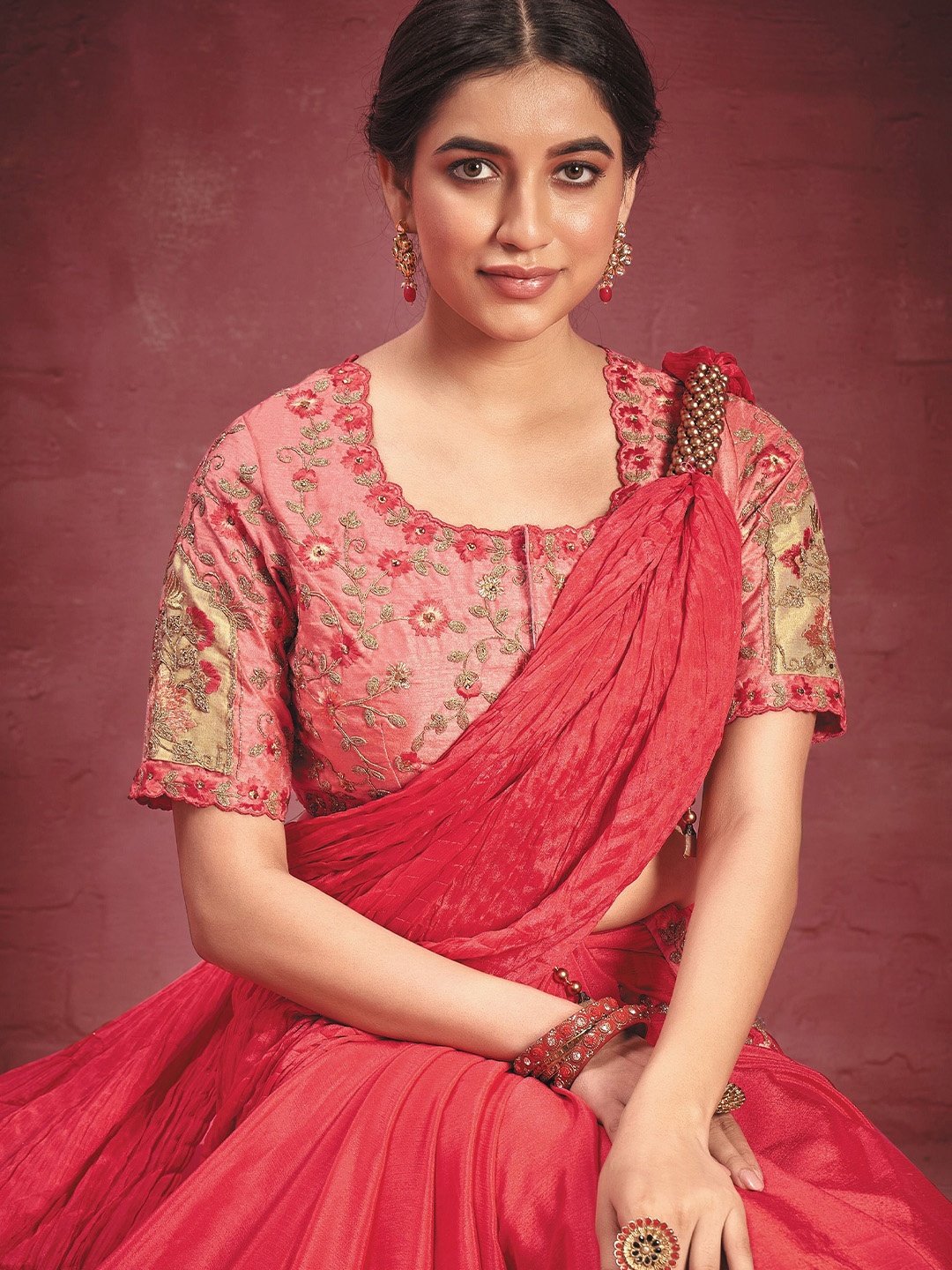

Nimayaa Floral Embroidered designer Belted Saree, Pink