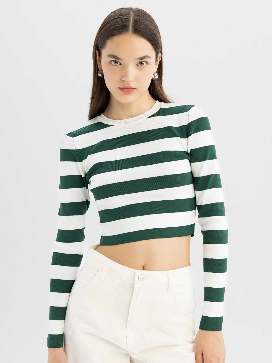 

DeFacto Women Striped Crop Pullover, White