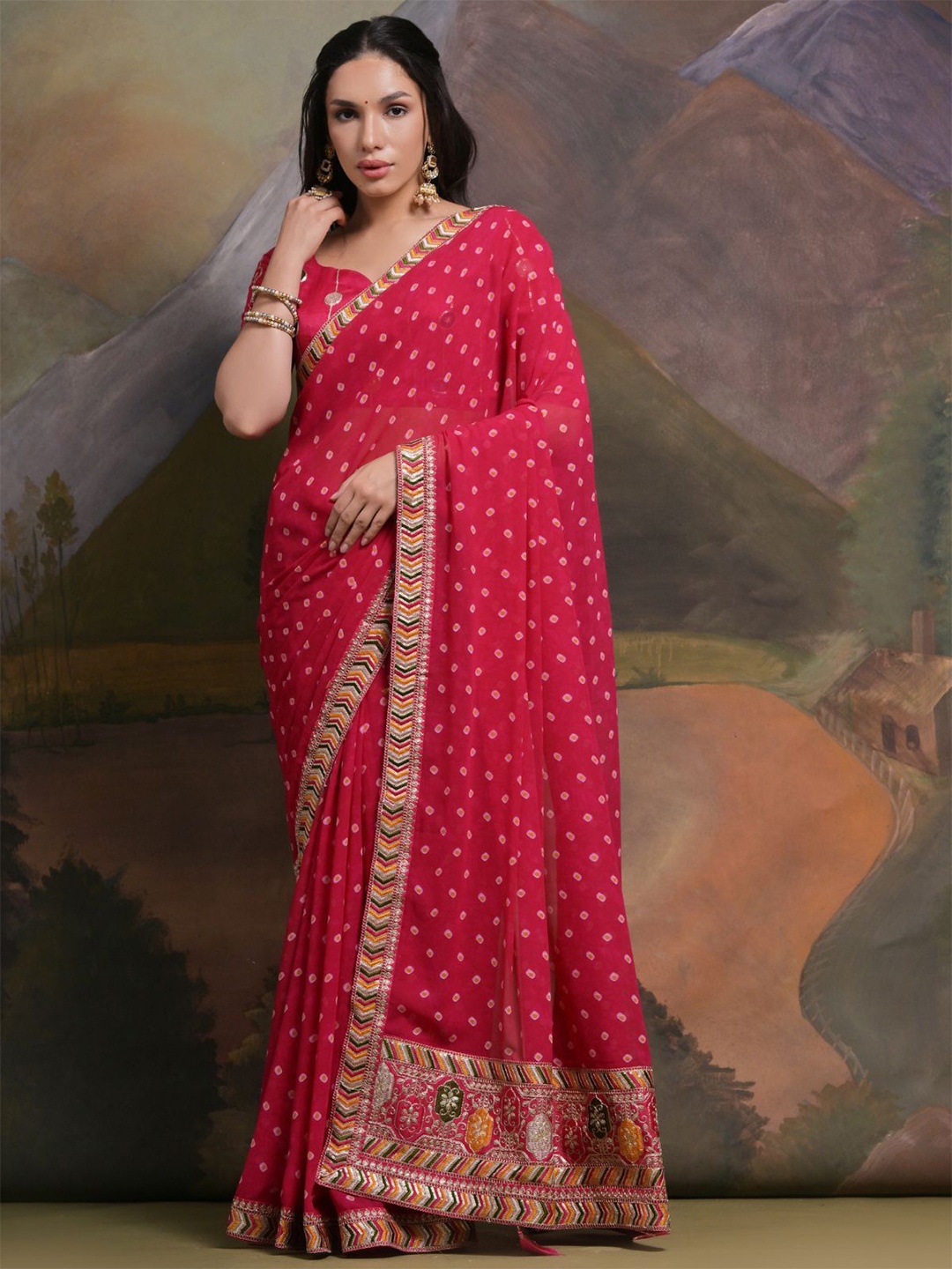 

ODETTE Bandhani Sequinned Poly Georgette Saree, Pink