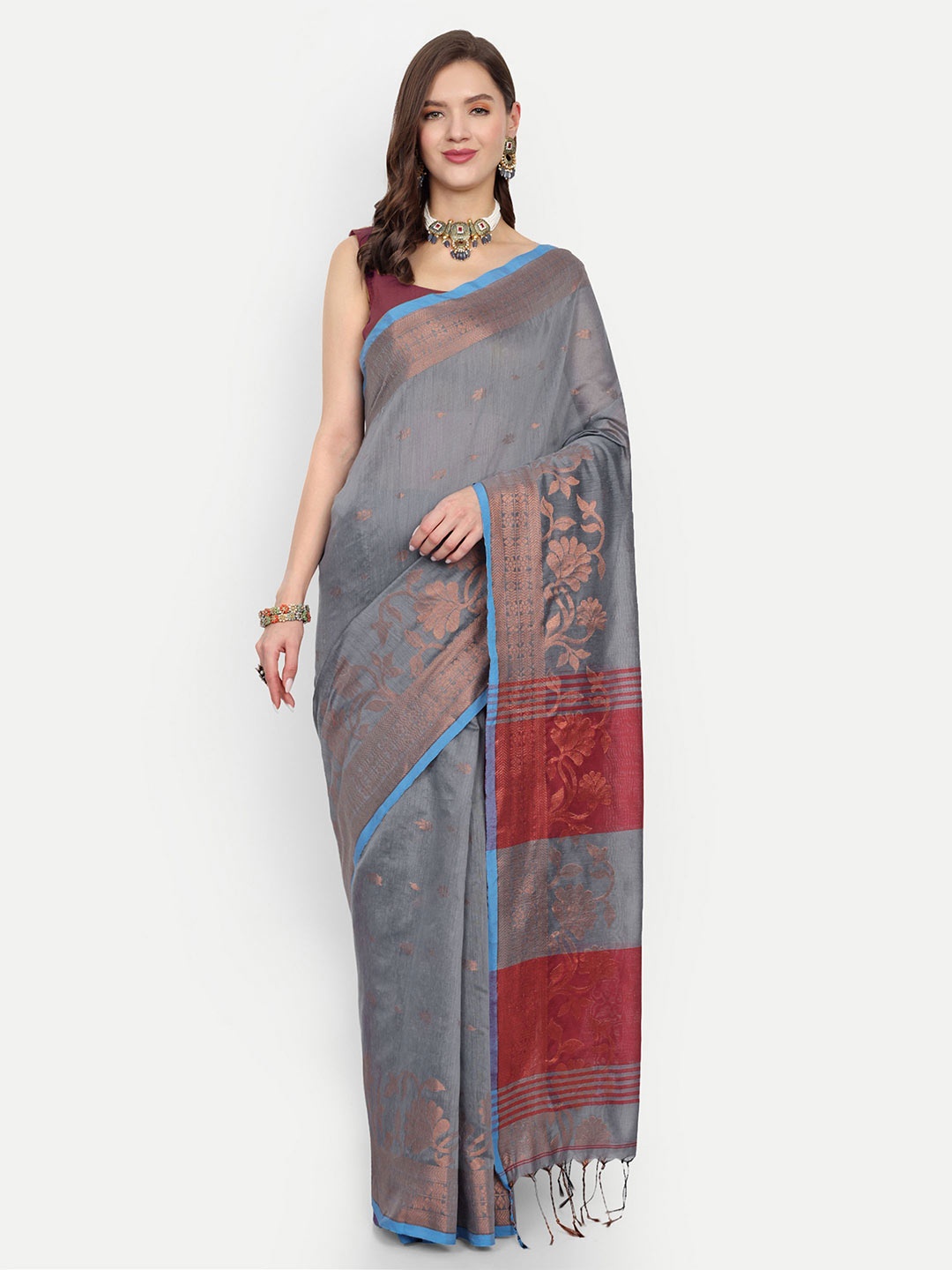 

BENGAL HANDLOOM Ethnic Motifs Zari Taant Saree, Grey