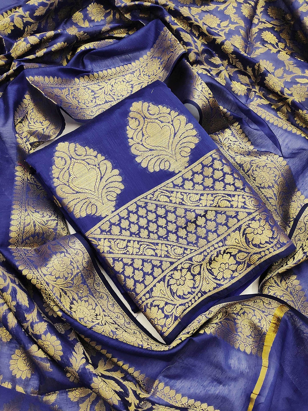 

Ishin Floral Woven Design Zari Unstitched Dress Material, Blue