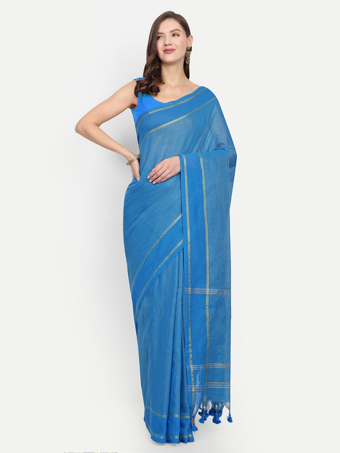 

BENGAL HANDLOOM Striped Taant Saree, Blue