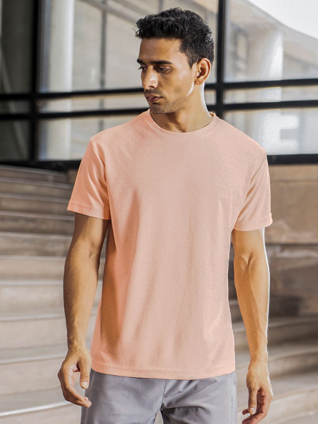 

Fit Monkey Men Dri-FIT Self Design Round Neck T-Shirt, Peach