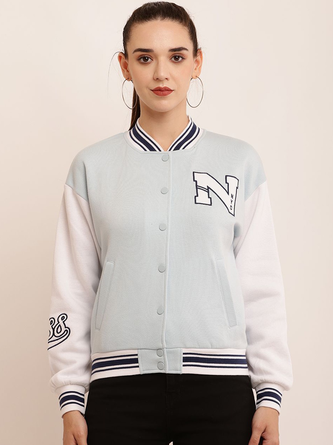 

NoBarr Women Bomber with Patchwork Jacket, Blue