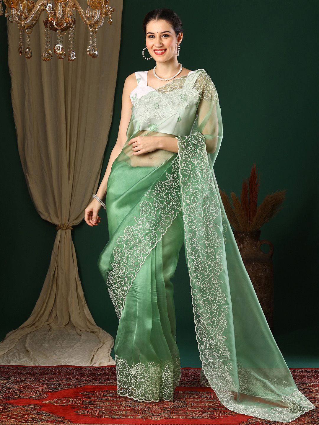 

KALINI Women Embroidered solid Sarees, Green