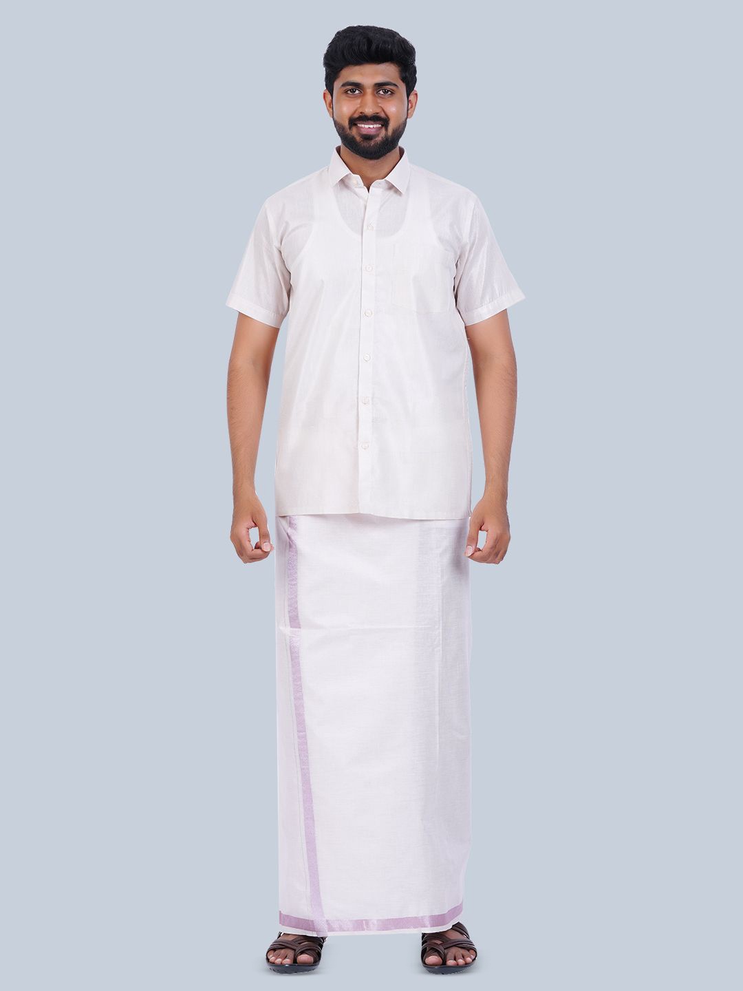 

THANGAMAGAN Tissue Cotton Shirt with Veshti, White