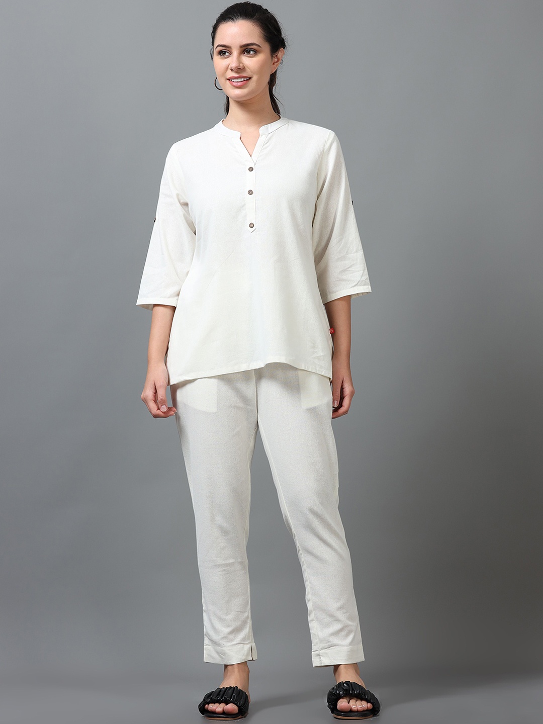 

Marcia Mandarin Collar Pure Cotton Tunic With Trousers, Off white