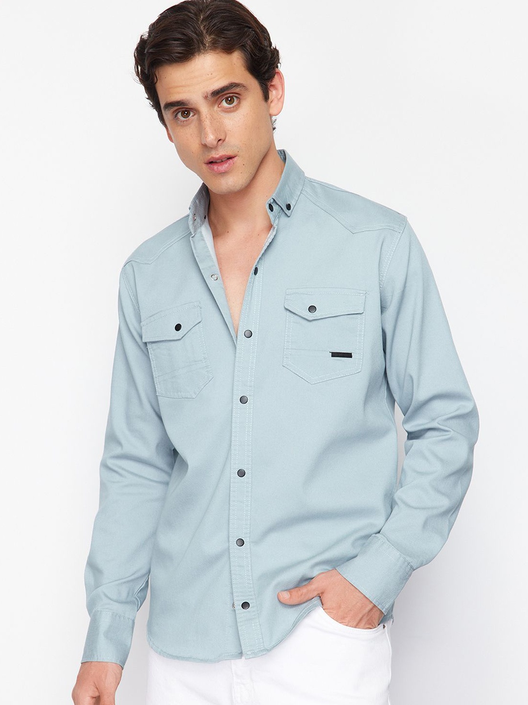 

Trendyol Men Button-Down Collar Solid Cotton Casual Shirt, Na