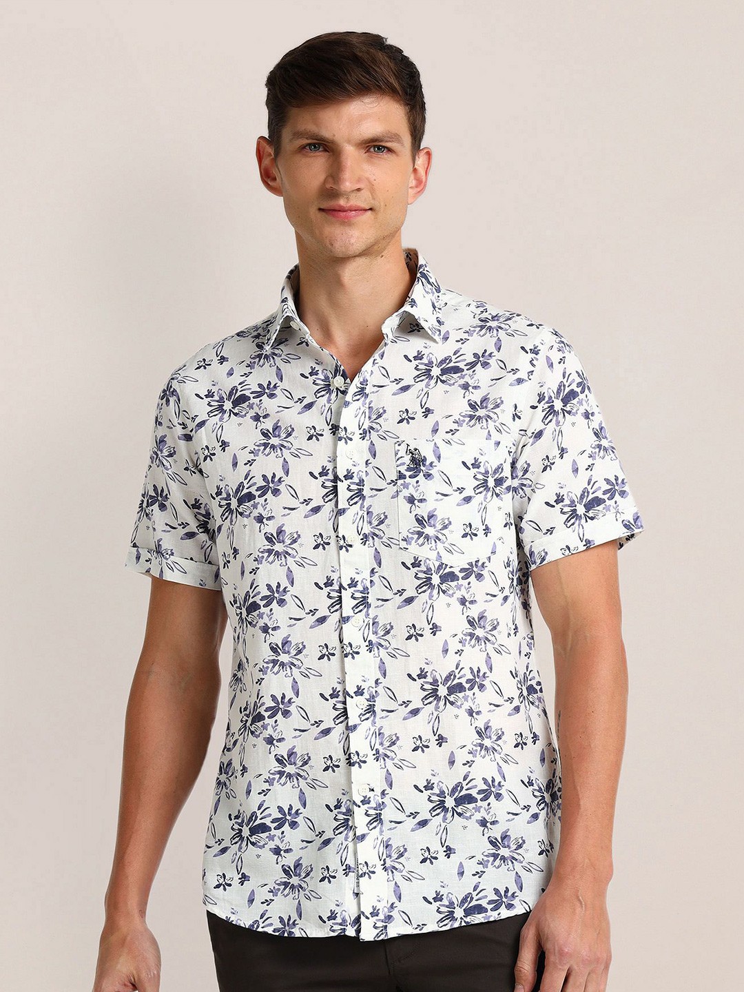 

U.S. Polo Assn. Men Modern Spread Collar Floral Printed Cotton Slim Fit Casual Shirt, White