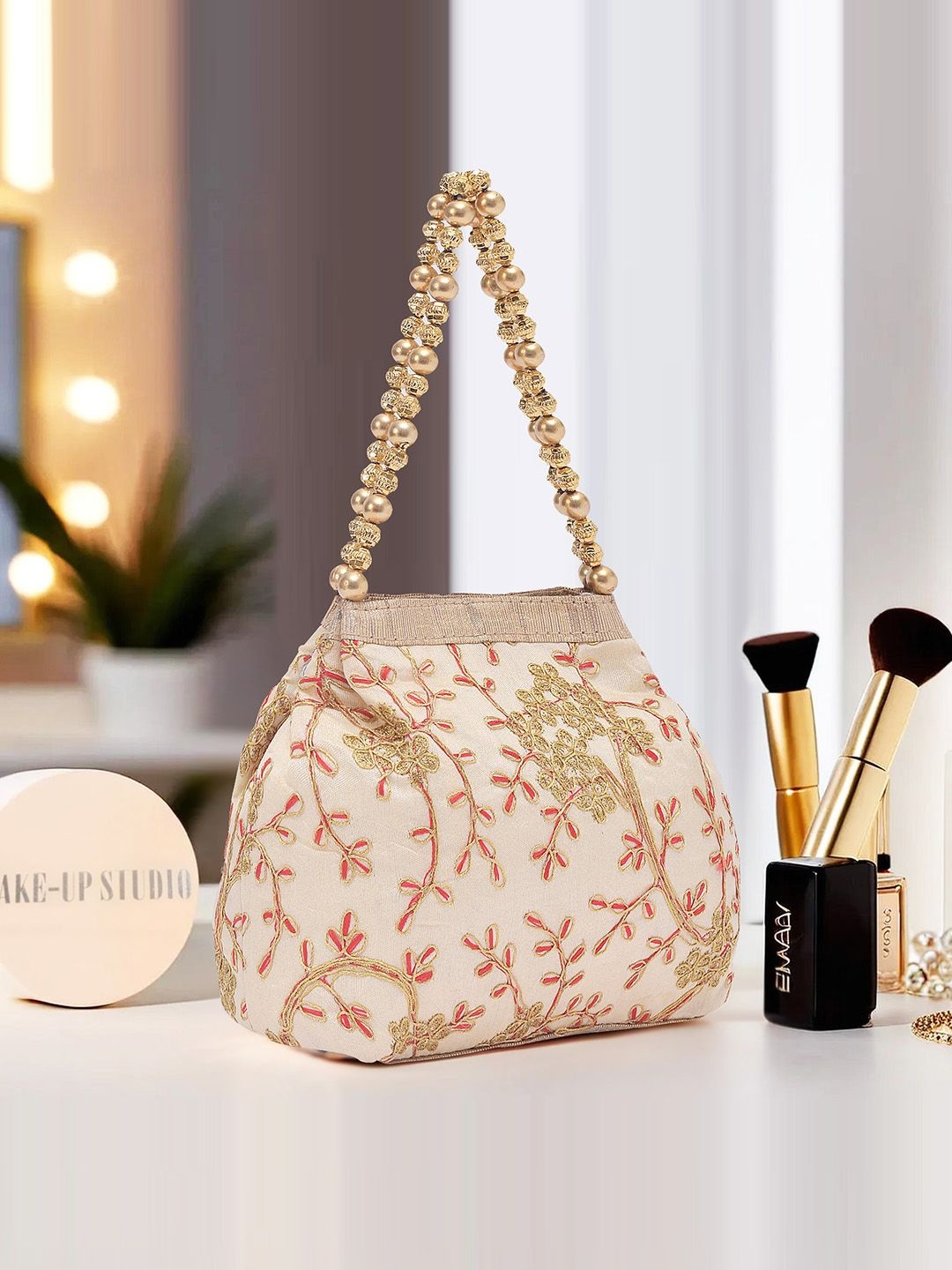 

Kuber Industries Floral Embroidered Potli Clutch, Cream