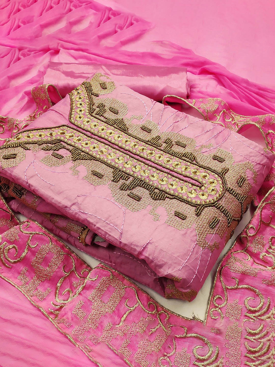 

Ishin Embroidered Beads & Stones Unstitched Dress Material, Pink