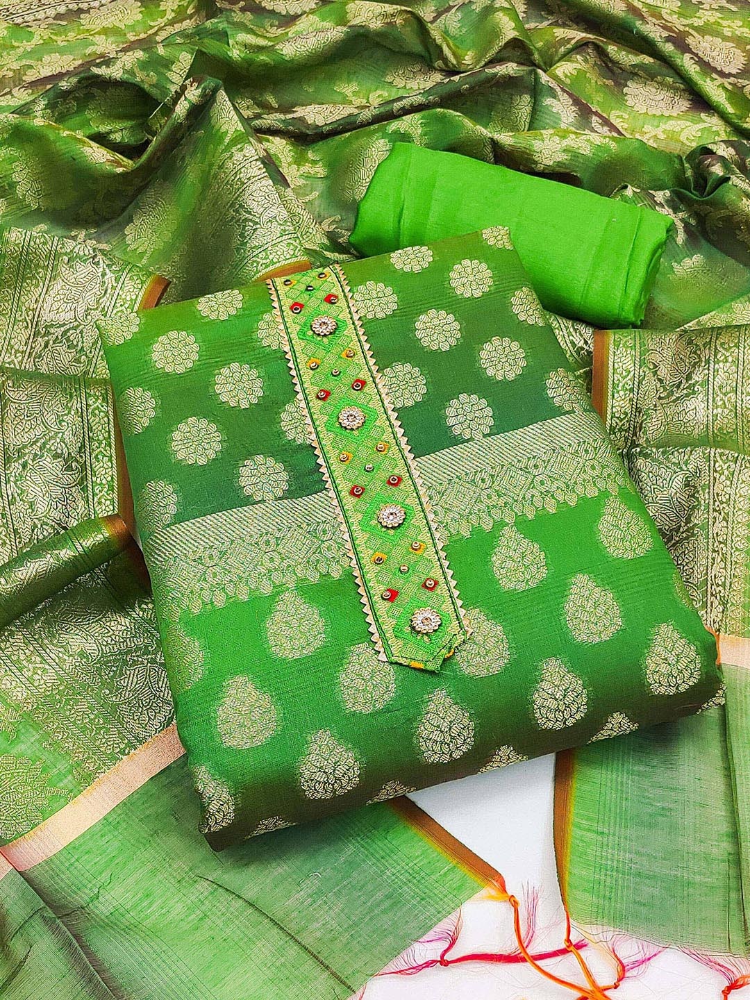 

Ishin Floral Woven Design Zari Unstitched Dress Material, Green