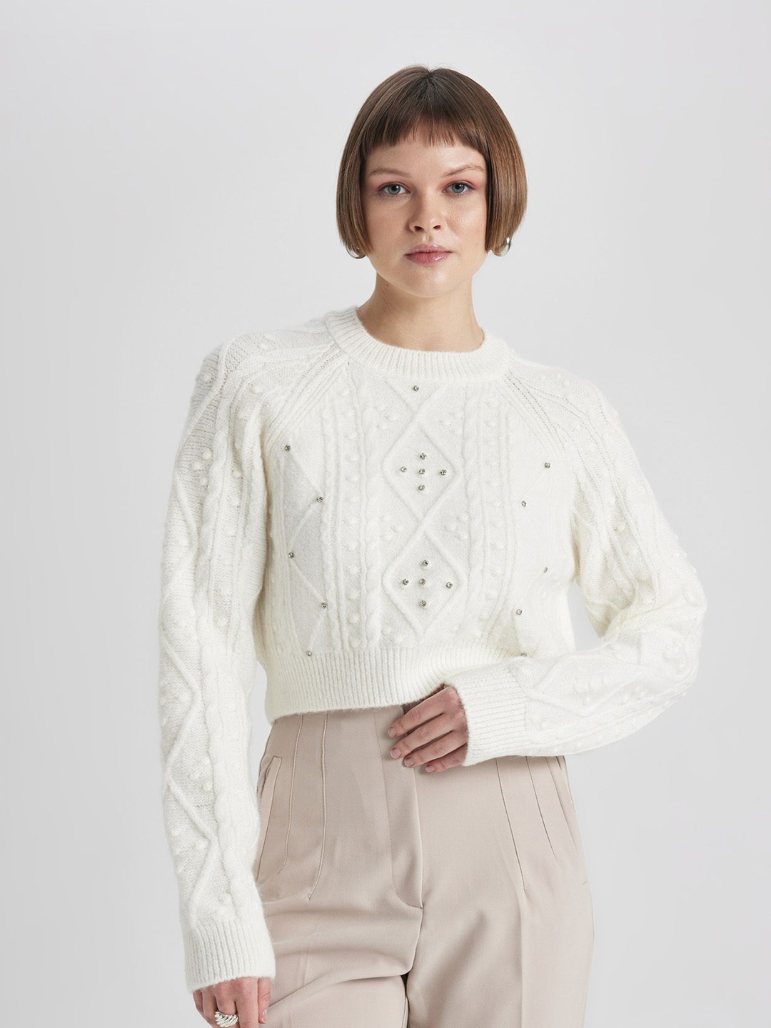 

DeFacto Women Cable Knit Crop Pullover, White