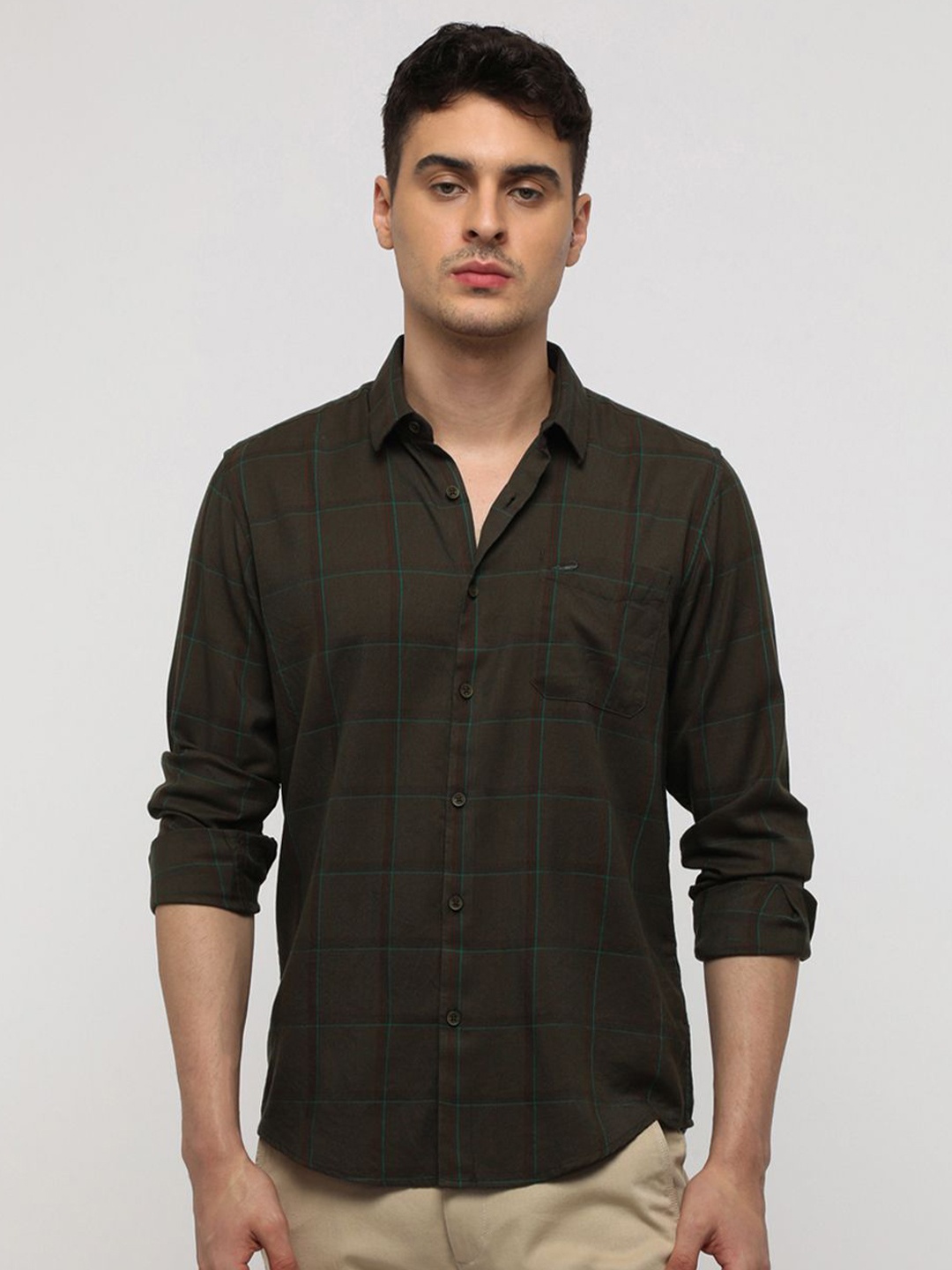 

Crocodile Men Comfort Spread Collar Tartan Checked Cotton Casual Shirt, Green