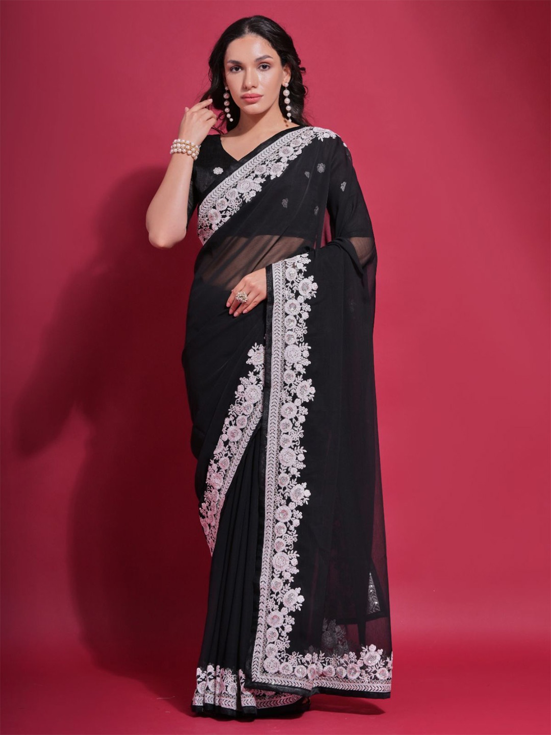 

ODETTE Sequinned Embroidered Saree, Black