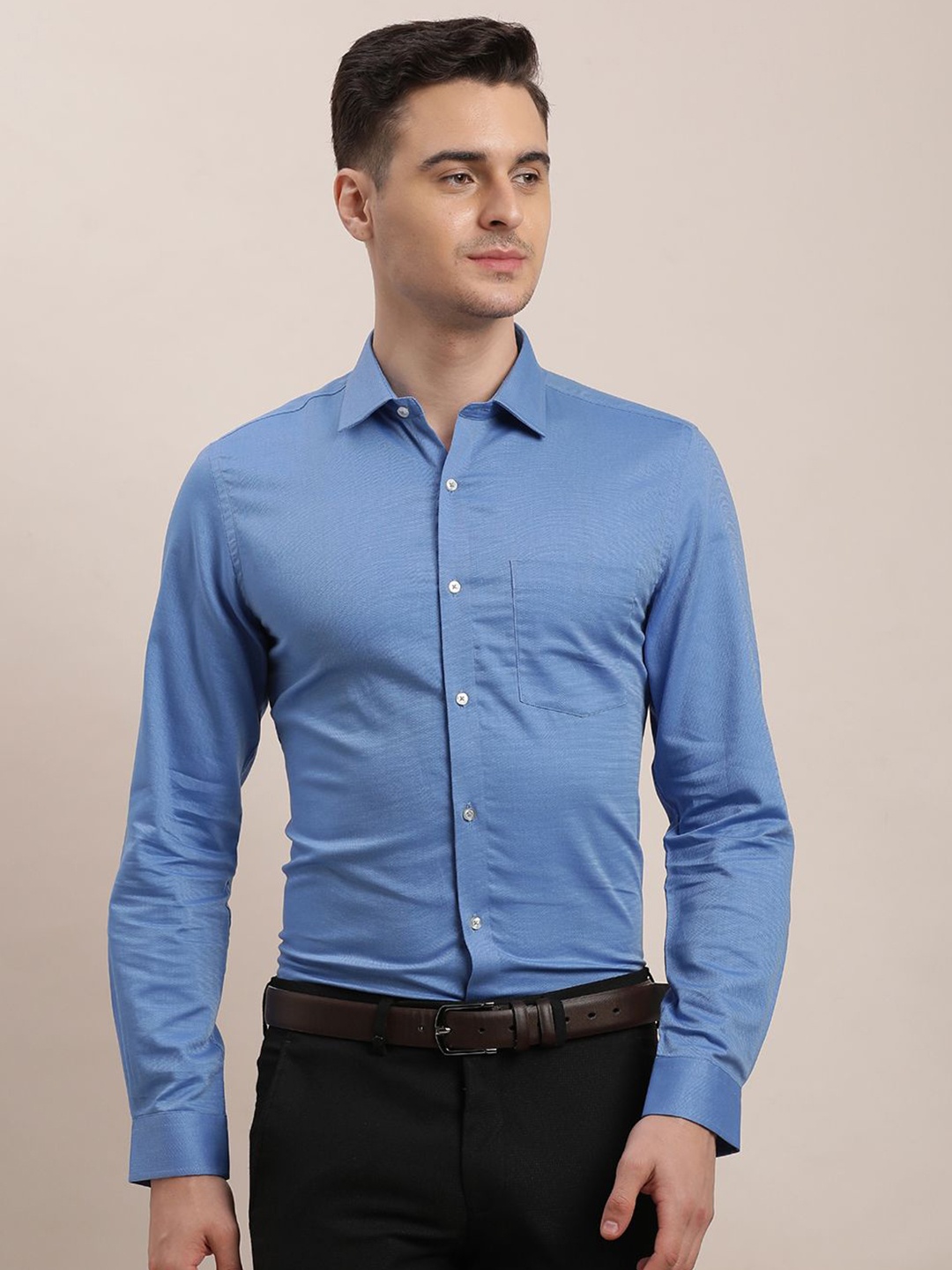 

Turtle Men Standard Spread Collar Solid Cotton Slim Fit Formal Shirt, Blue