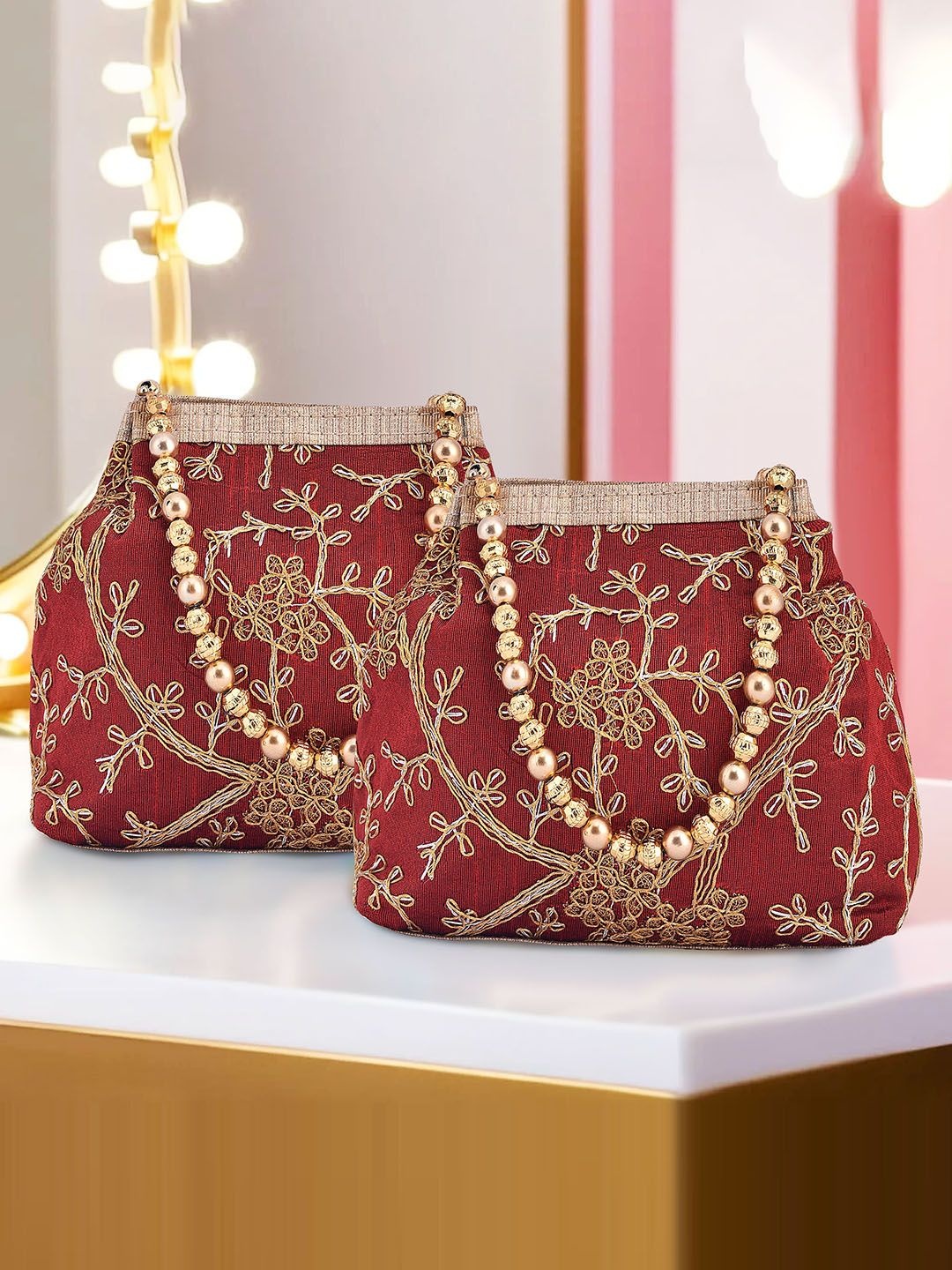 

Kuber Industries Set Of 2 Embroidered Potli Clutch, Maroon
