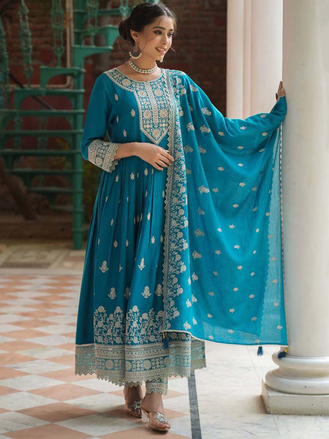 

Meena Bazaar Floral Embroidered Sequinned Anarkali Kurta With Trousers & Dupatta, Blue