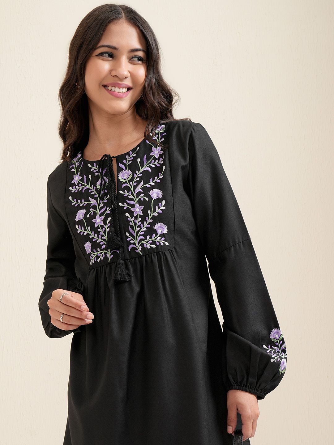 

Vishudh Floral Embroidered Tie-Up Neck Bishop Sleeve Sheath Mini Dress, Black