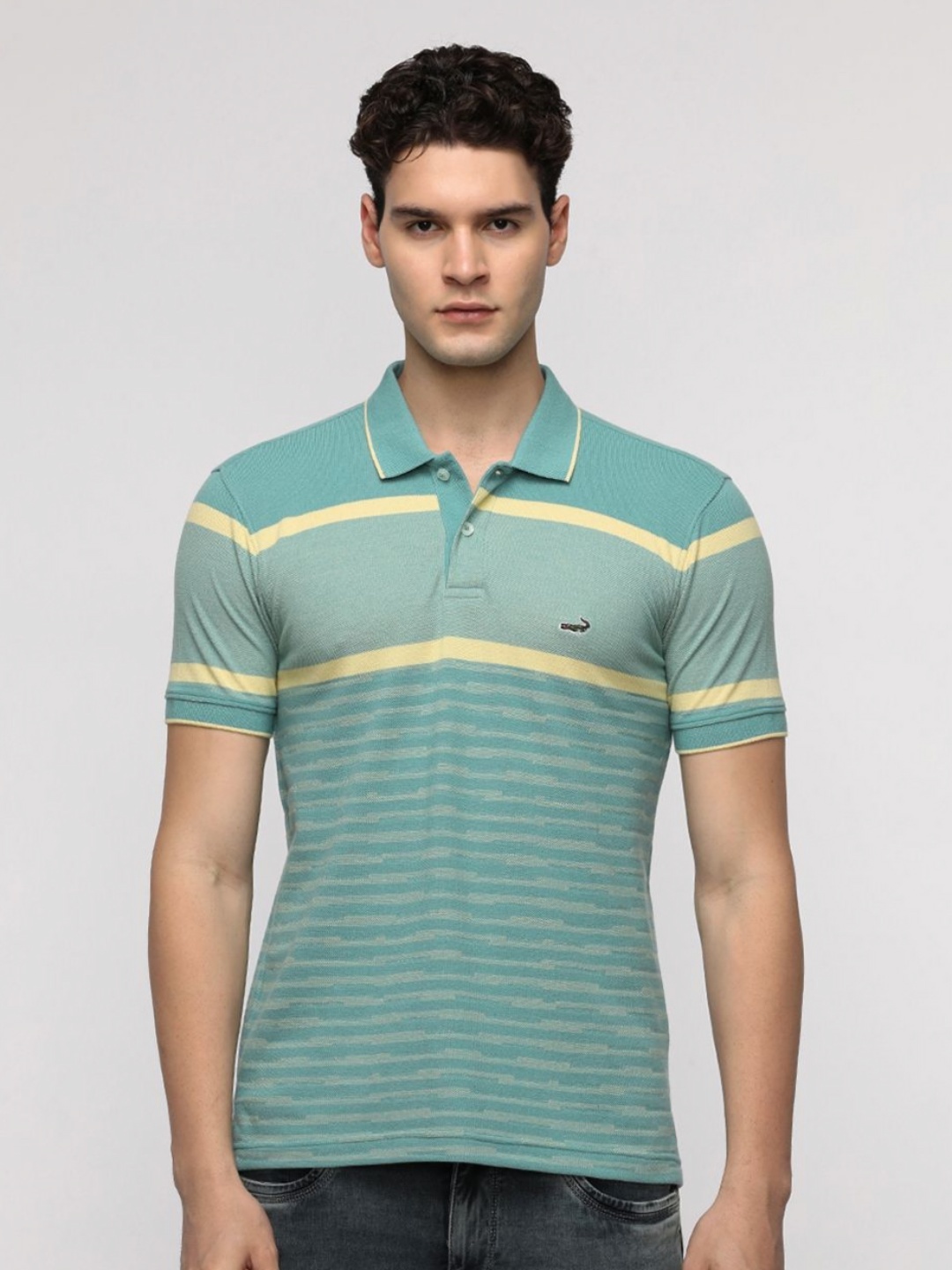 

Crocodile Men Striped Polo Collar Cotton Slim Fit T-Shirt, Turquoise blue