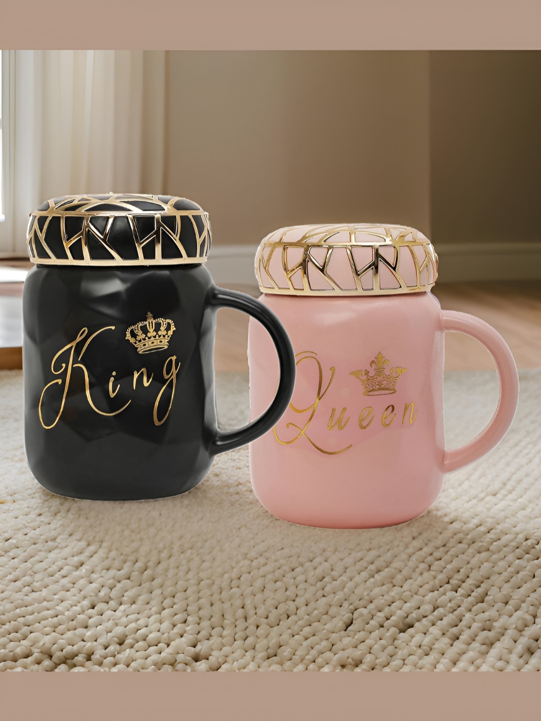 

INTERNATIONAL GIFT 2 Pieces Black & Pink Printed Ceramic Glossy Coffee Mug