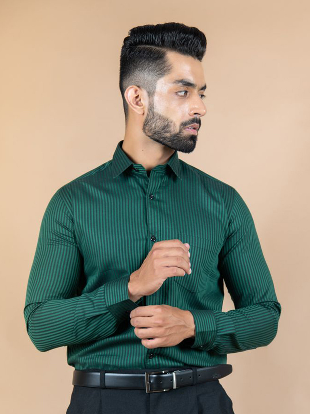 

Tistabene Men Standard Spread Collar Striped Cotton Formal Shirt, Green