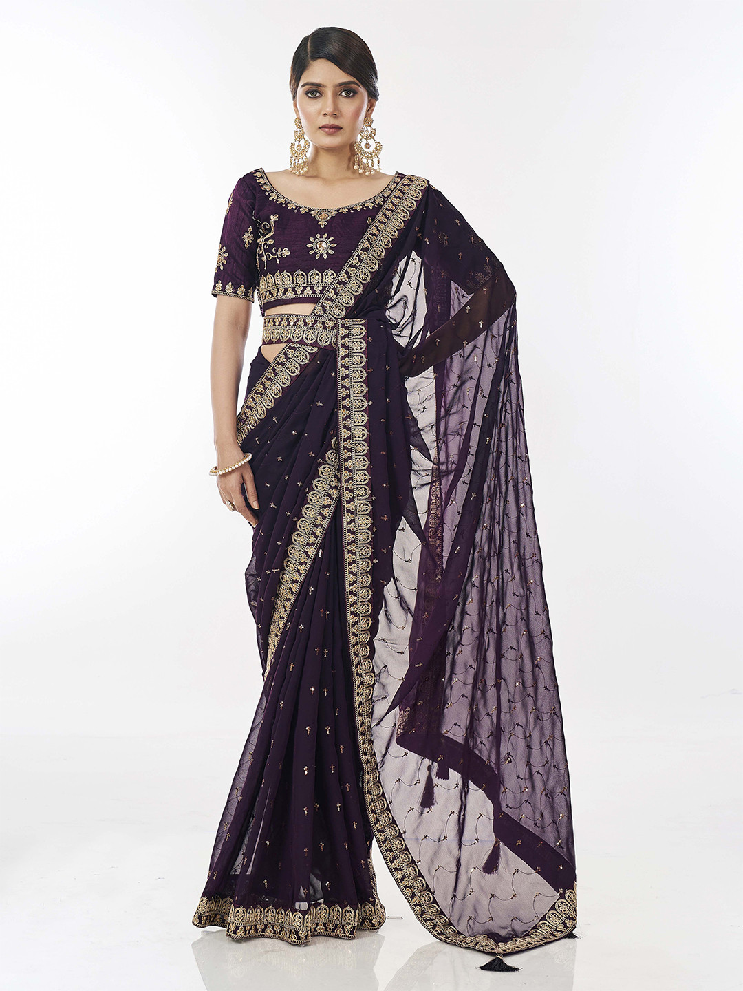 

Ethnielle Ethnic Motifs Sequinned Belted Sarees, Purple