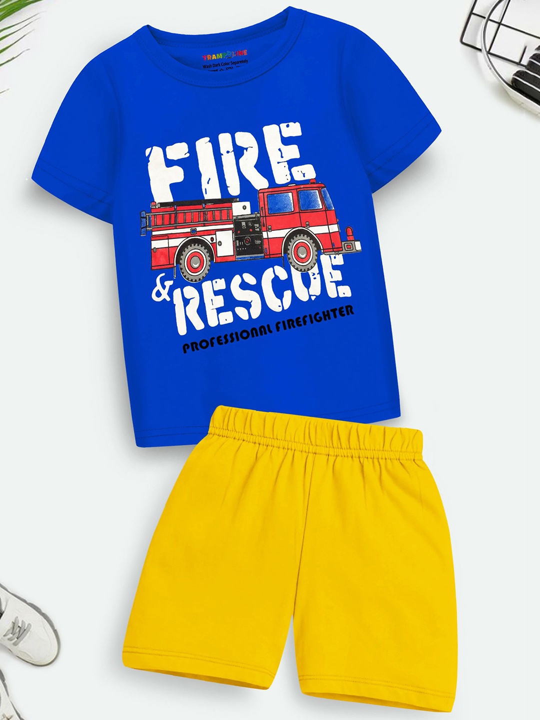 

YK X Trampoline Kids Printed Round Neck T-shirt With Shorts, Blue