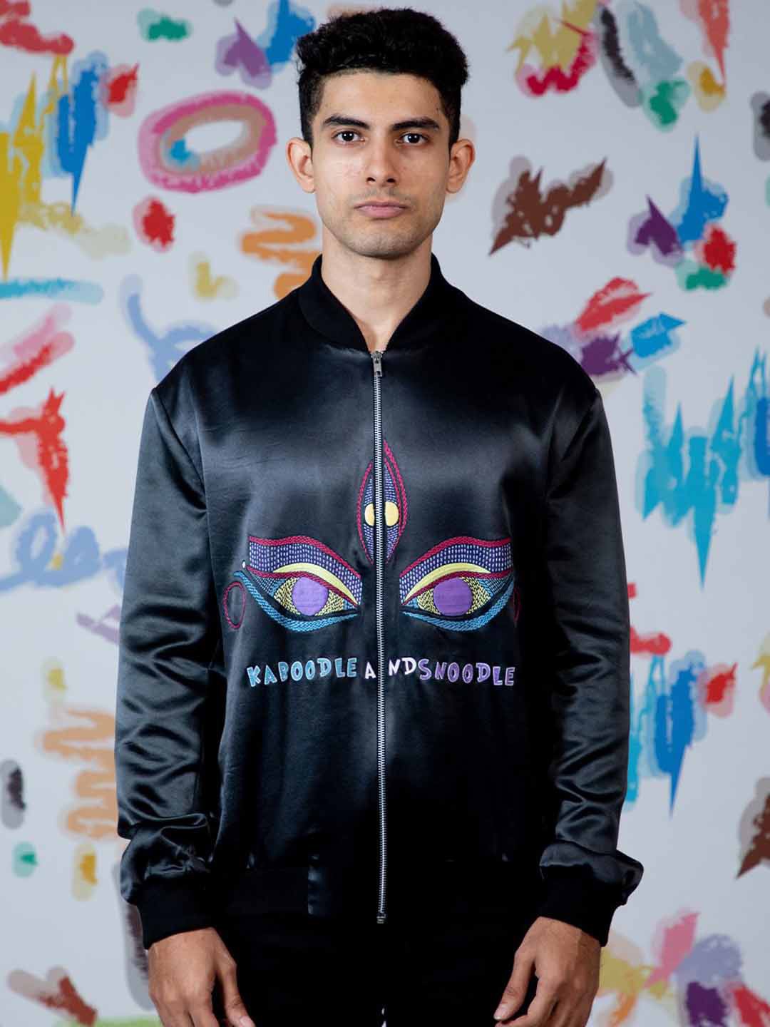

Arya Giri Men Cotton Crop Bomber with Patchwork Jacket, Black