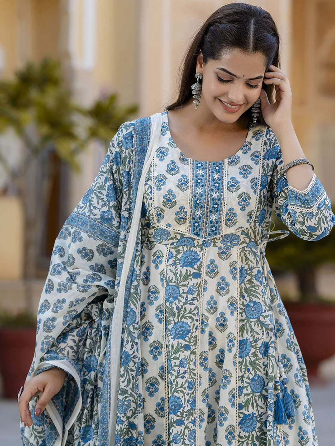 

Anouk Floral Printed Panelled Aari Work Pure Cotton Kurta with Trouser & Dupatta, Blue
