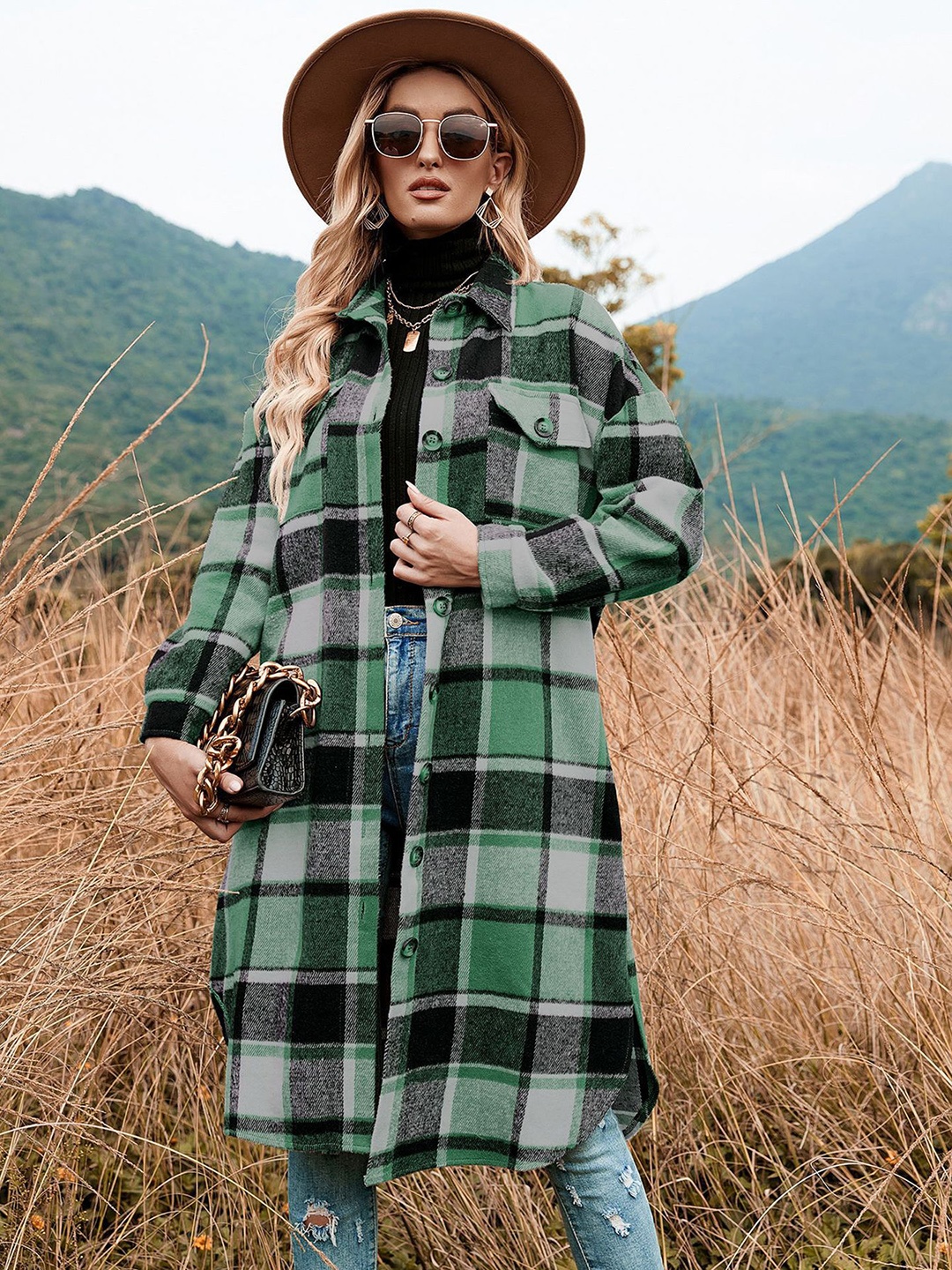 

StyleCast x Revolte Checked Spread Collar Single Breasted Overcoat, Green