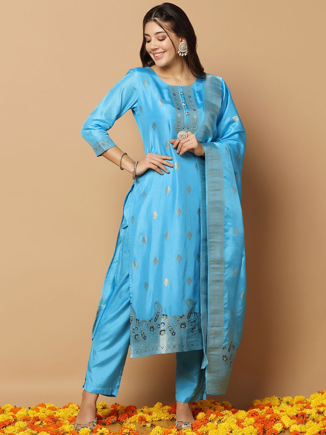 

BAESD Woven Design Kurta with Trousers & Dupatta, Blue