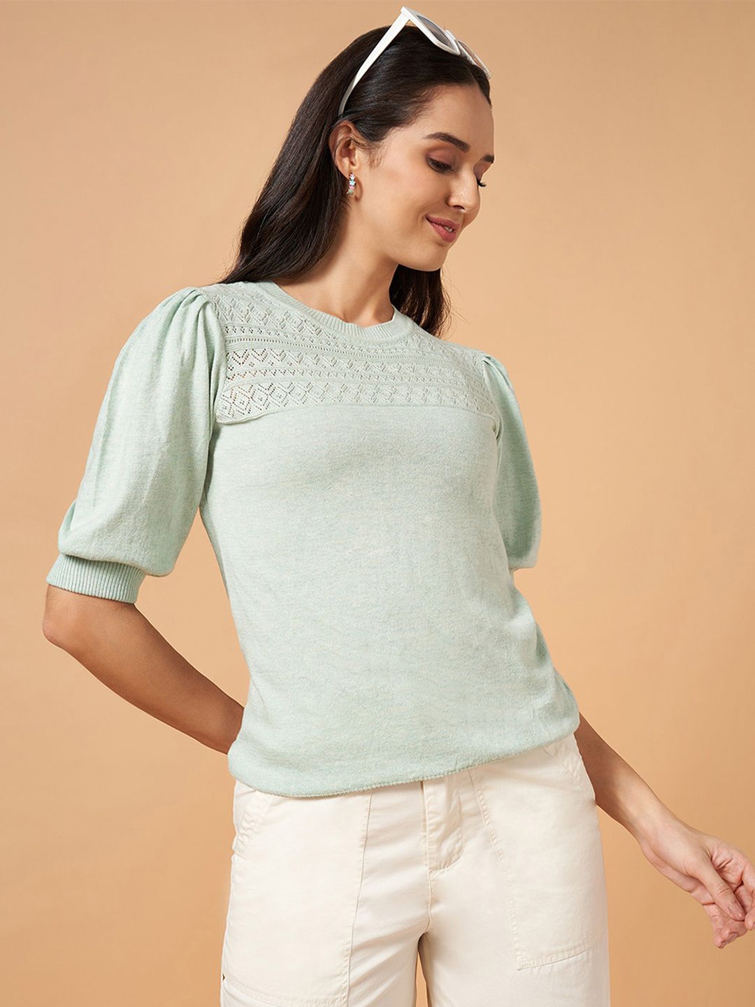 

Honey by Pantaloons Women Self Design Round Neck Top, Sea green