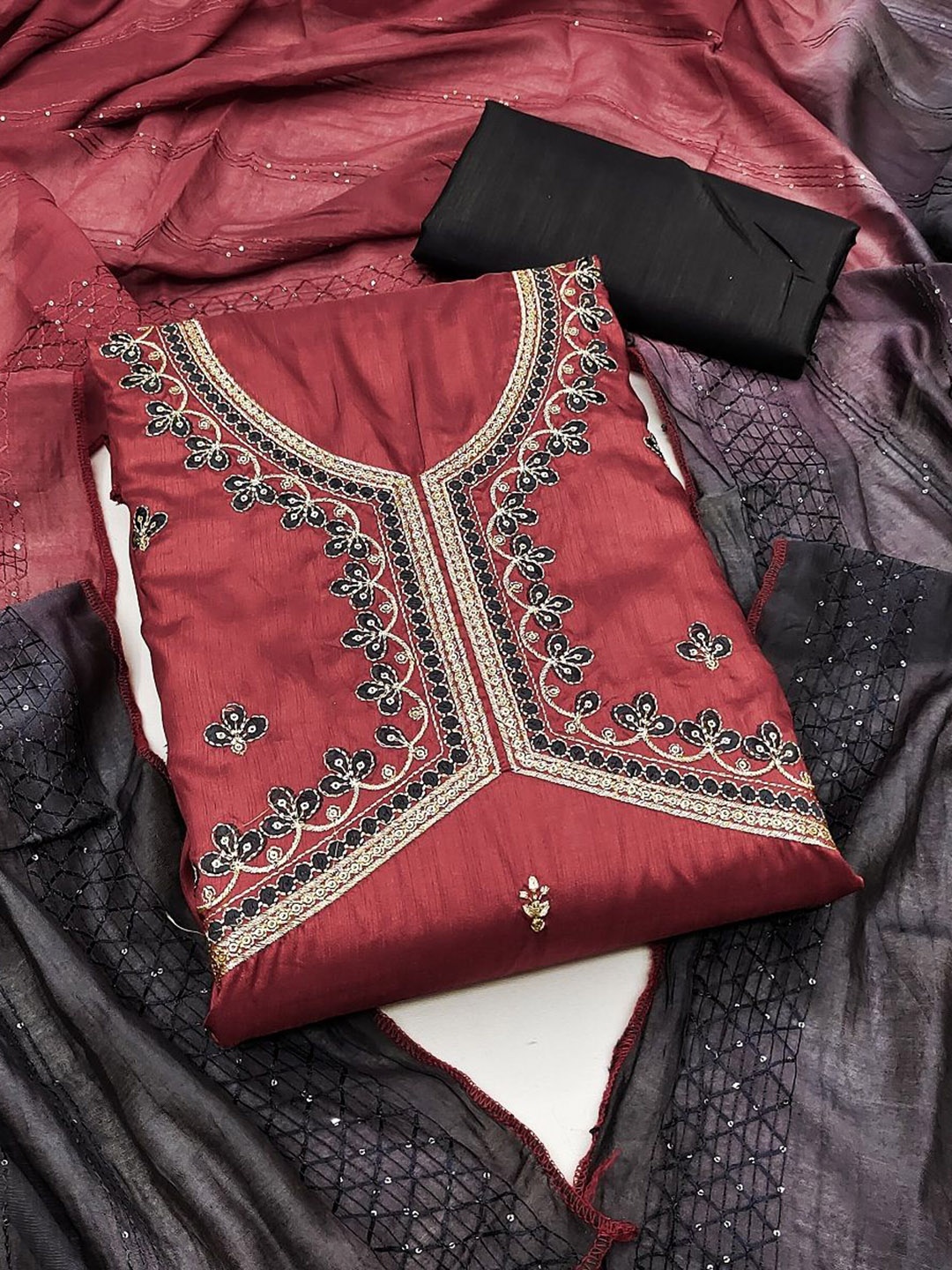 

APNISHA Floral Embellished Pure Silk Unstitched Dress Material, Maroon