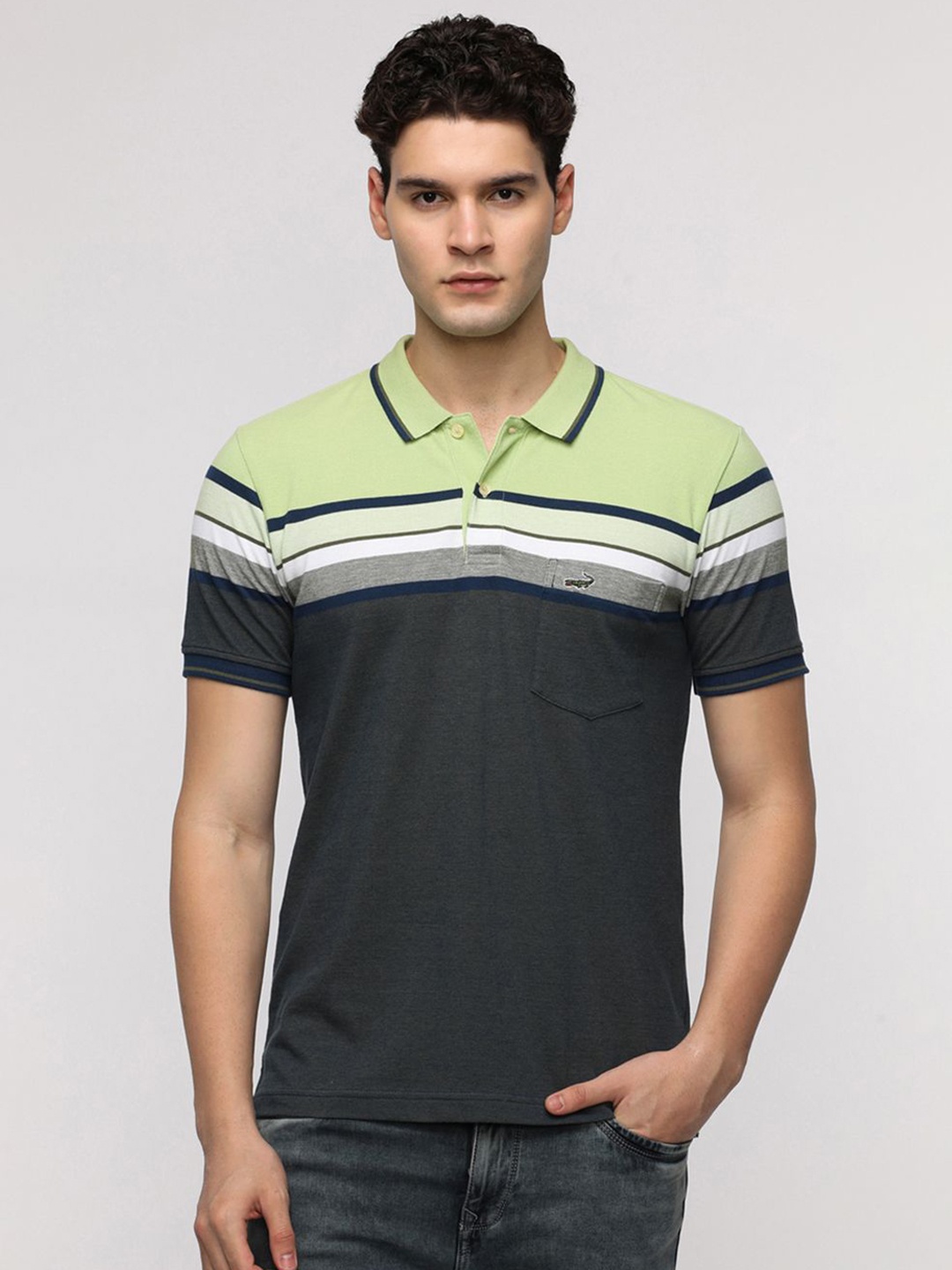 

Crocodile Men Striped Polo Collar Cotton Slim Fit T-Shirt, Navy blue