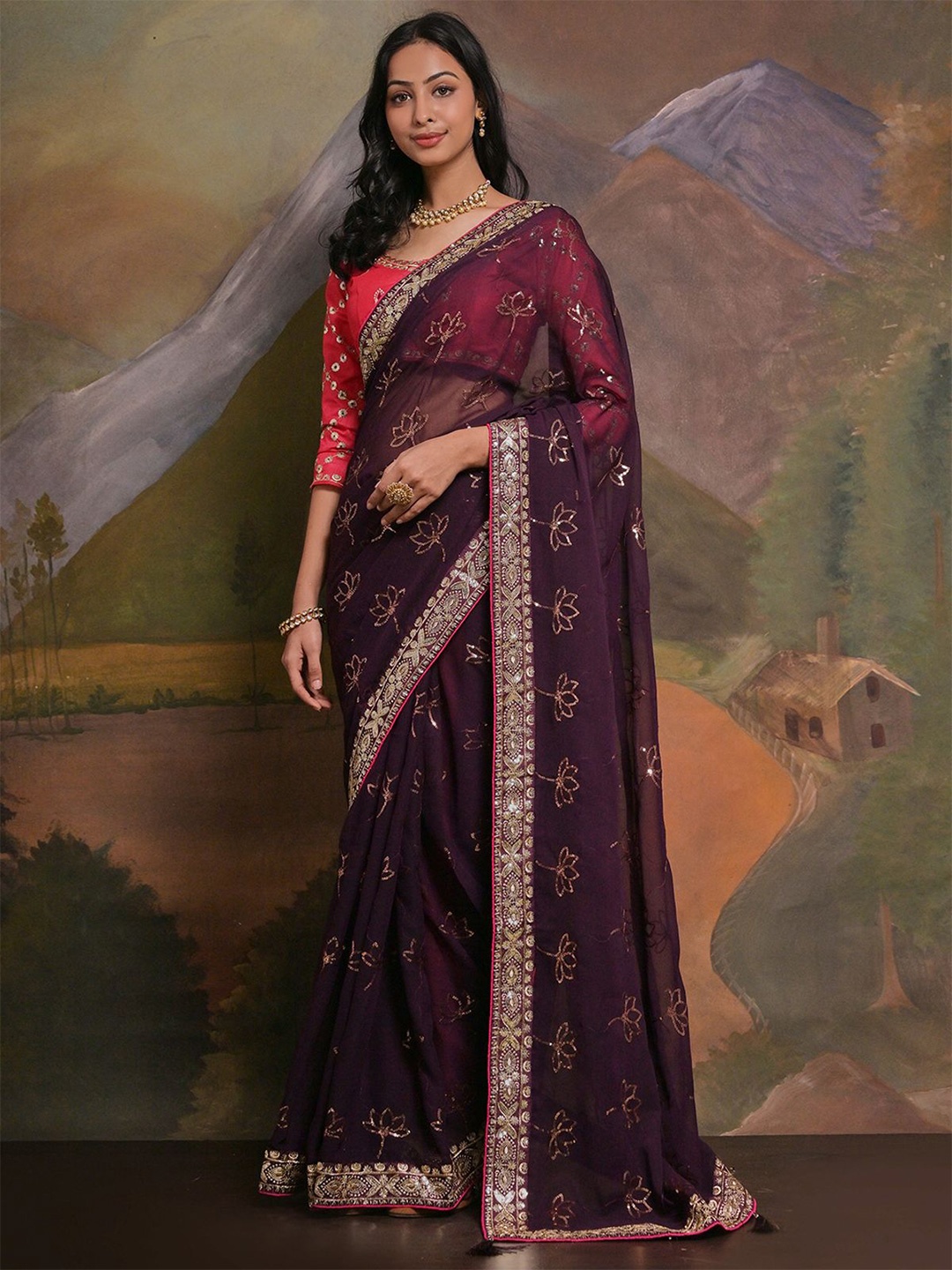 

ODETTE Embellished Sequinned Saree, Purple