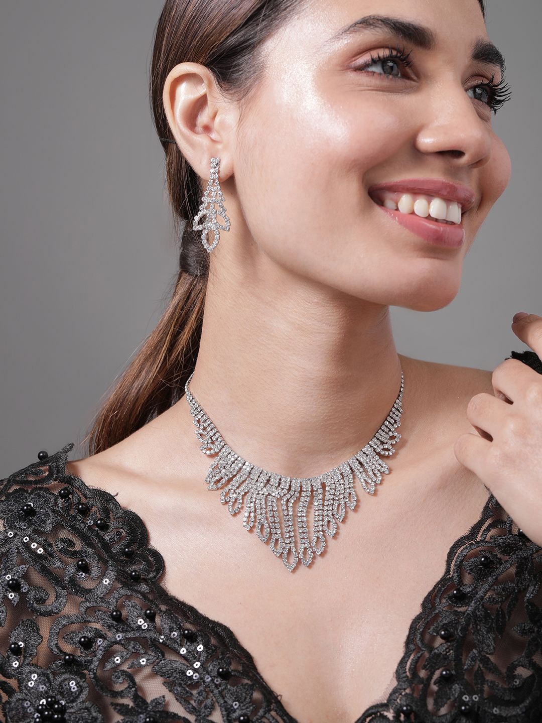 

Rubans Rhodium Plated AD & Cubic Zirconia Studded Statement Necklace Set, Silver