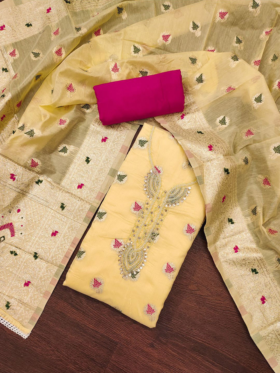 

Lilots Floral Woven Design Beads & Stones Unstitched Dress Material, Yellow