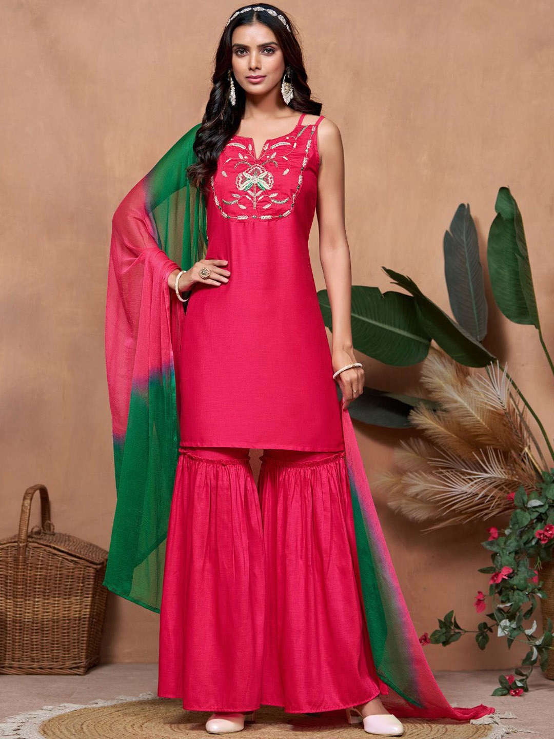 

Sangria Embroidered Thread Work Straight Kurti With Sharara and Dupatta, Pink