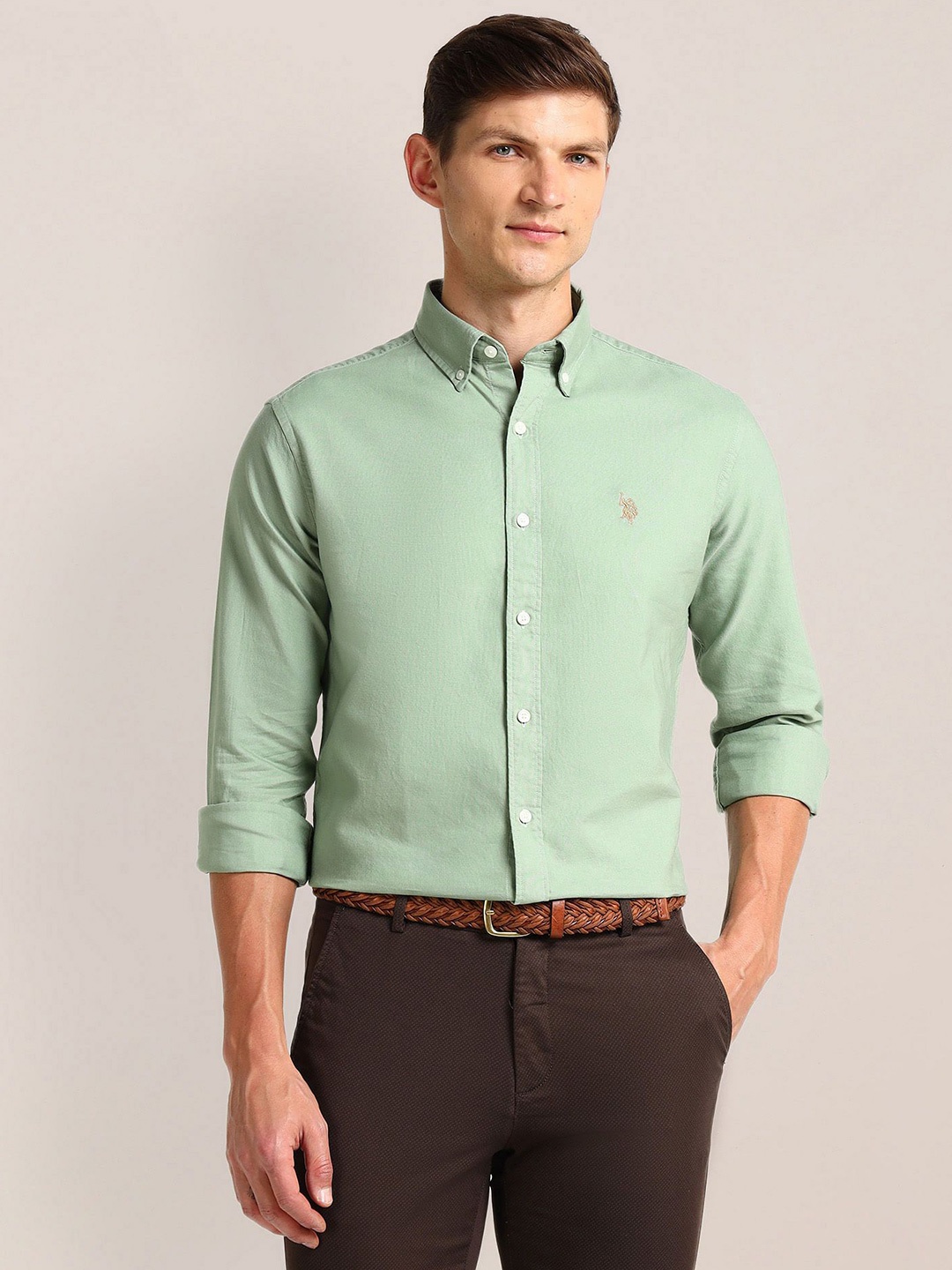 

U.S. Polo Assn. Men Modern Button-Down Collar Solid Cotton Slim Fit Casual Shirt, Green