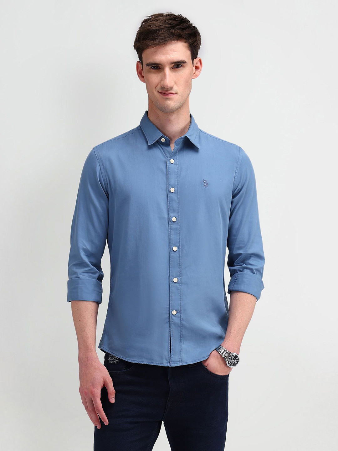 

U.S. Polo Assn. Men Modern Spread Collar Solid Lyocell Slim Fit Casual Shirt, Blue