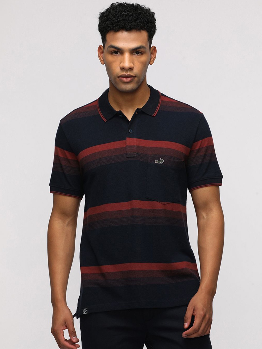 

Crocodile Men Striped Polo Collar Cotton Slim Fit T-Shirt, Navy blue