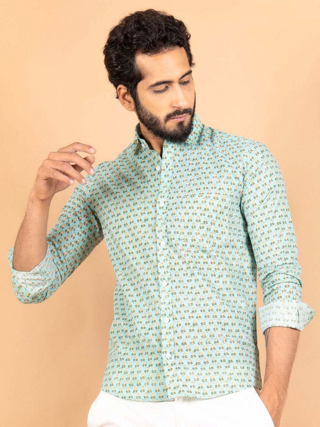 

Tistabene Men Standard Spread Collar Conversational Printed Cotton Casual Shirt, Sea green