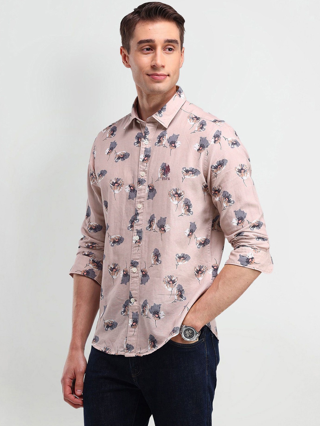 

U.S. Polo Assn. Men Modern Spread Collar Floral Printed Cotton Slim Fit Casual Shirt, Pink