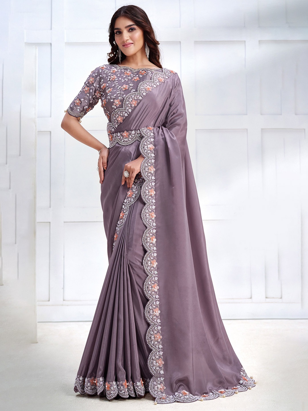 

Nimayaa Embroidered solid Saree with blouse piece, Lavender