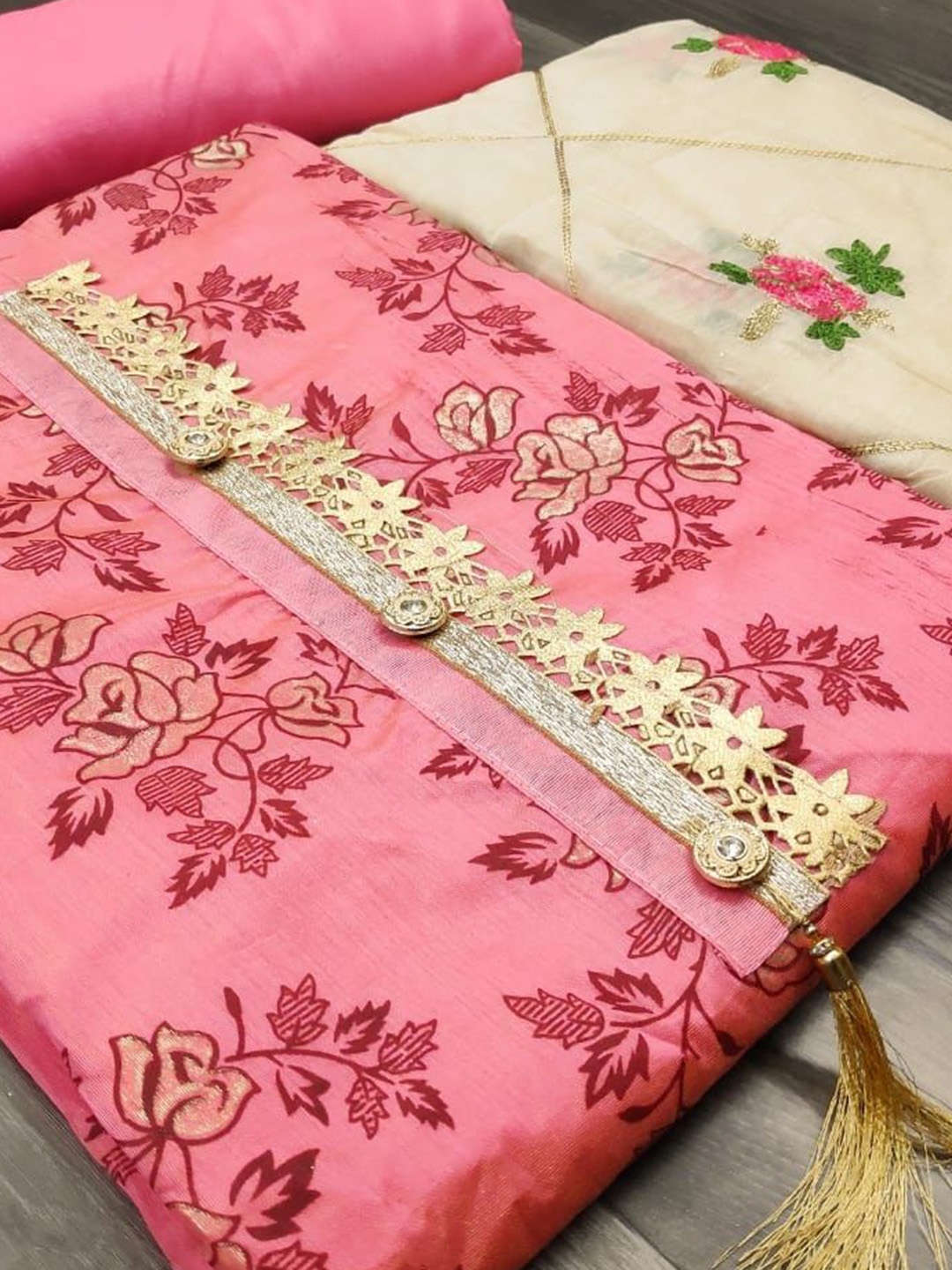 

Ishin Floral Woven Design Zari Unstitched Dress Material, Pink