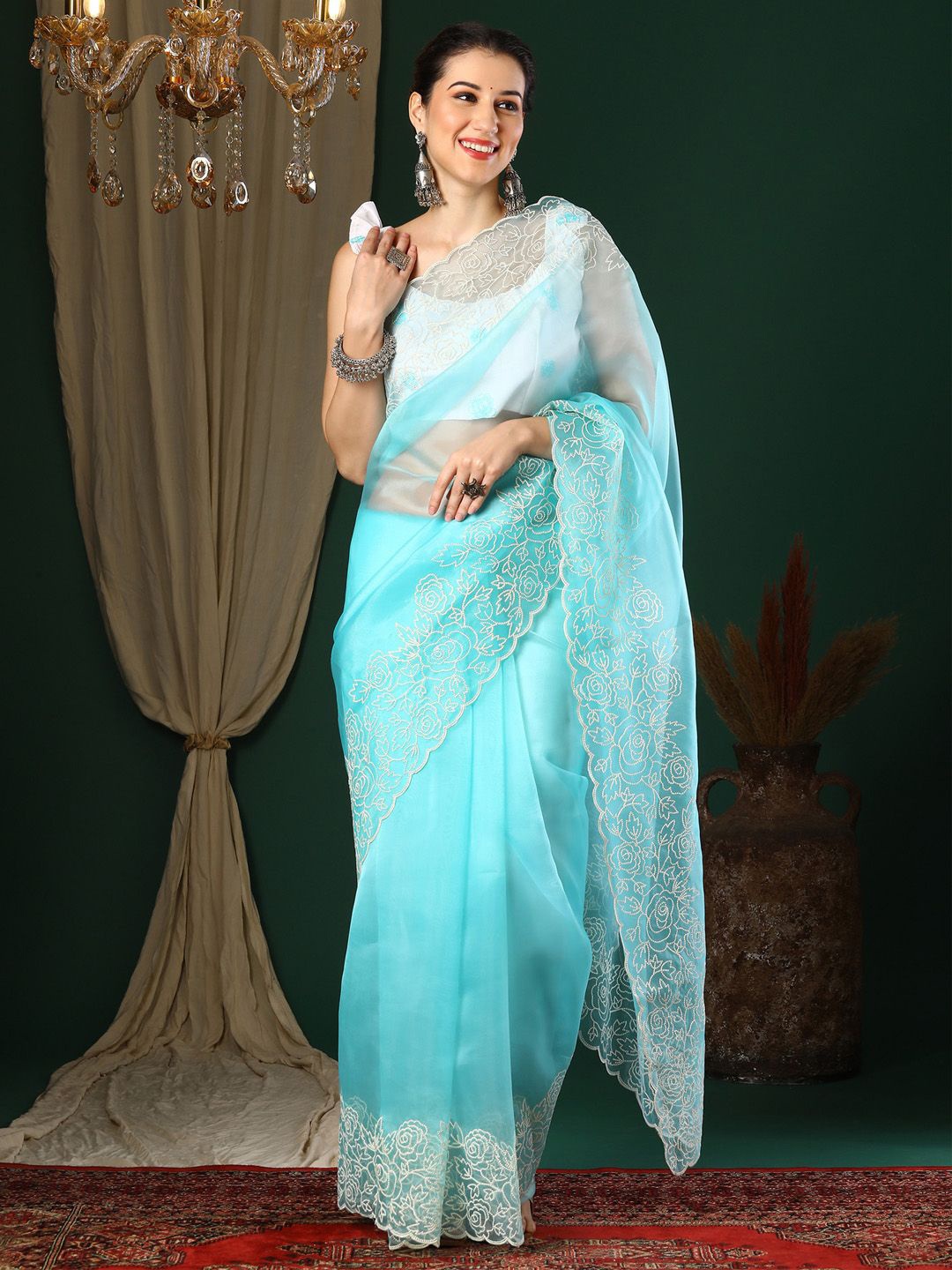 

KALINI Floral Embroidered designer Saree, Blue