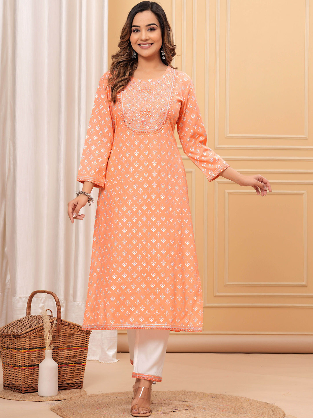

KALINI Floral Printed Round Neck Straight Kurta with Palazzos, Orange